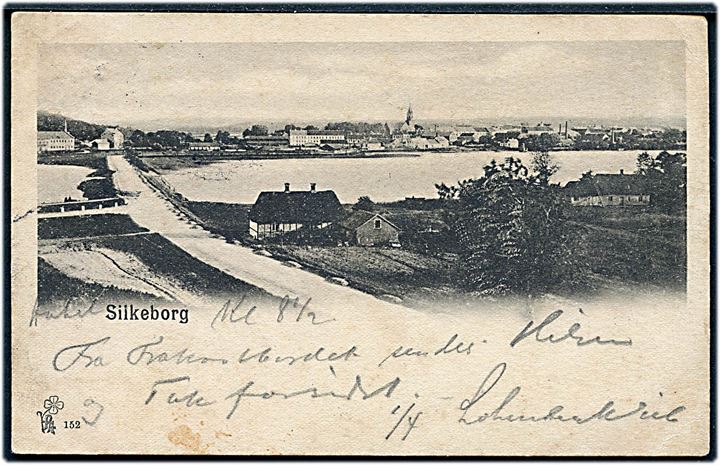 5 øre Våben på brevkort (Parti fra Silkeborg, P. Alstrup no. 152) annulleret med lapidar Silkeborg JB.P. d. 23.7.1900 til Hovedgaard.