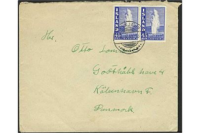 45 aur Geysir i parstykke på brev fra Reykjavik d. 8.10.1947 til København, Danmark.