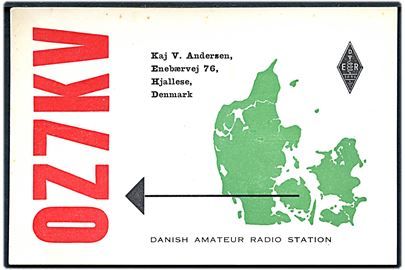 QSL-kort med landkort fra radioamatør i Hjallese OZ7KV. Print OZ4WR u/no.