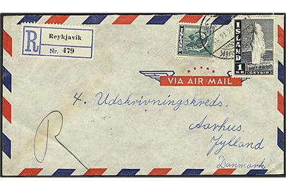 50 aur Torsk og 1 kr. Geysir på anbefalet luftpostbrev fra Reykjavik d. x.12.1946 til Aarhus, Danmark.