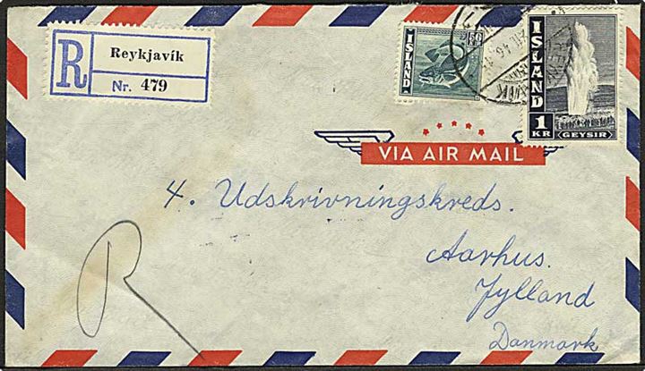 50 aur Torsk og 1 kr. Geysir på anbefalet luftpostbrev fra Reykjavik d. x.12.1946 til Aarhus, Danmark.
