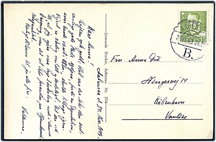 15 øre Fr. IX på brevkort annulleret med brotype Vd Aabenraa B. d. 23.11.1949 til Vanløse.