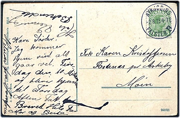 5 øre Chr. X på brevkort annulleret med brotype IIIb Nykjøbing Falster B d. 2.8.1915 til Askeby på Møn.