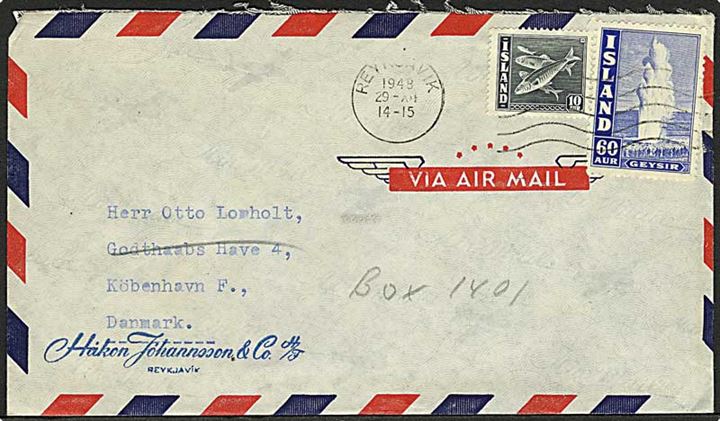 10 aur Sild og 60 aur Geysir på luftpostbrev fra Reykjavik d. 29.12.1948 til København, Danmark.