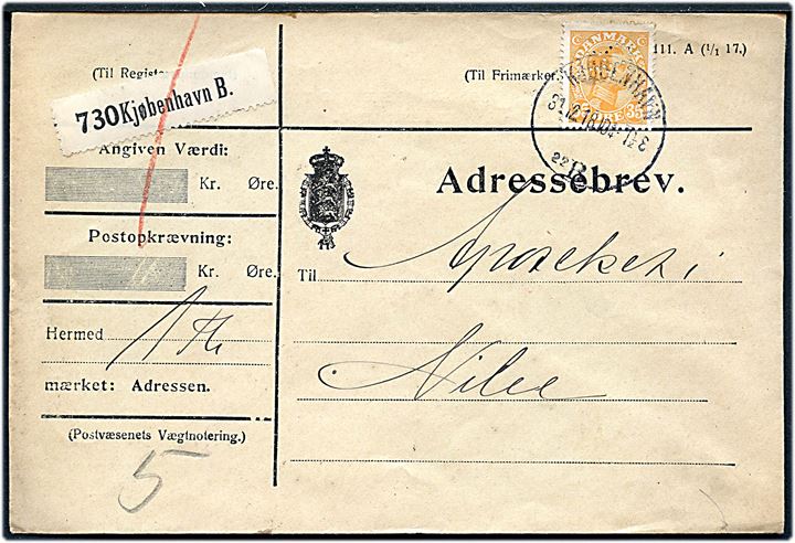 35 øre Chr. X med perfin AB single på adressebrev for pakke fra firma Alfred Benzon i Kjøbenhavn d. 31.12.1918 til Nibe.