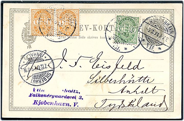 3 øre helsagsbrevkort opfrankeret med 1 øre (par) og 5 øre Våben fra Kjøbenhavn *VII.* d. 6.12.1904 til Silberhütte, Tyskland. 