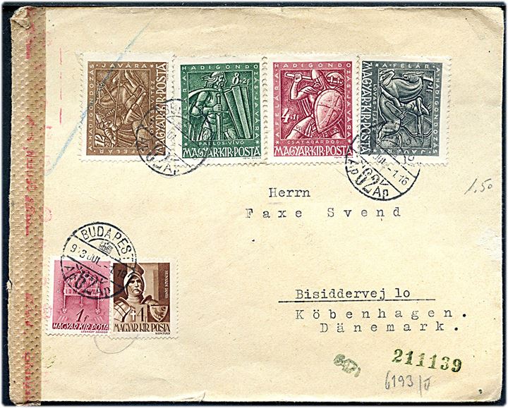 Krigsforsorg og andre på blandingsfrankeret brev fra Budapest d. 1.7.1943 til København, Danmark. Åbnet af tysk censur i Wien.