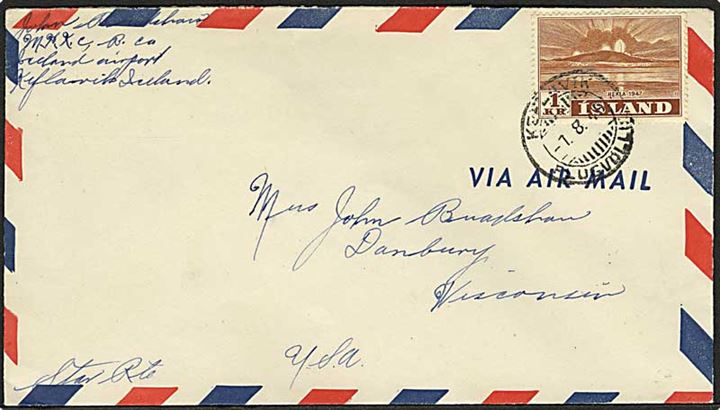 1 kr. Hekla single på luftpostbrev fra Keflavik d. 1.8.1949 til Danbury, USA.