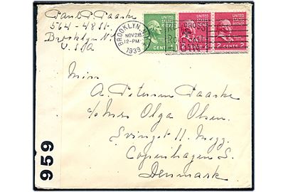 1 cent Washington og 2 cents Adams i parstykke på brev fra Brooklyn d. 28.11.1939 til København, Danmark. Åbnet af tidlig britisk censur PC66/959.