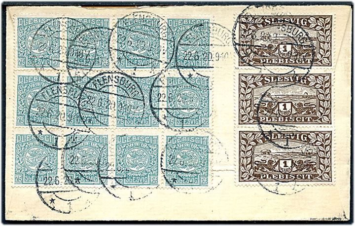 75 pfg. (par + 16-blok) og 1 mk. (par + 3-stribe) på for- og bagside af filatelistisk brev fra Flensburg d. 22.6.1920 til Handewit pr. Flensburg.