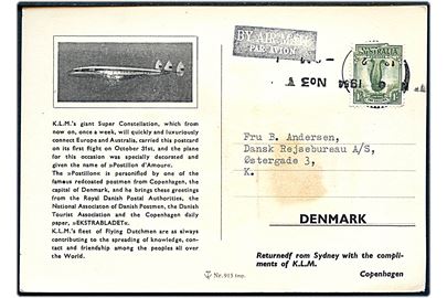 Australsk 1 sh. (defekt) på særligt luftpostkort (Postbud med brevlomme) sendt fra Sydney 1954 med KLM Super Constellation til København, Danmark.