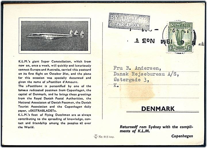 Australsk 1 sh. (defekt) på særligt luftpostkort (Postbud med brevlomme) sendt fra Sydney 1954 med KLM Super Constellation til København, Danmark.