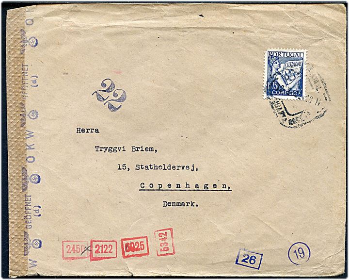 Portugal 1$75 (kort hj.tak) på brev fra Lissabon d. 12.3.1942 til Tryggvi Briem i København, Danmark. Åbnet af tysk censur i München. Brevet er muligvis et undercover brev med relation til Dr. Helgi Briem's postformidling mellem Island og det besatte Europa via Portugal. 