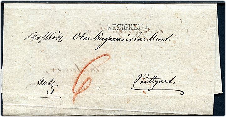 Portobrev med liniestempel BESIGHEIM til Stuttgart. Påskrevet 6 med rødkridt. Kuverten vendt og genanvenst med liniestempel BESIGHEIM.