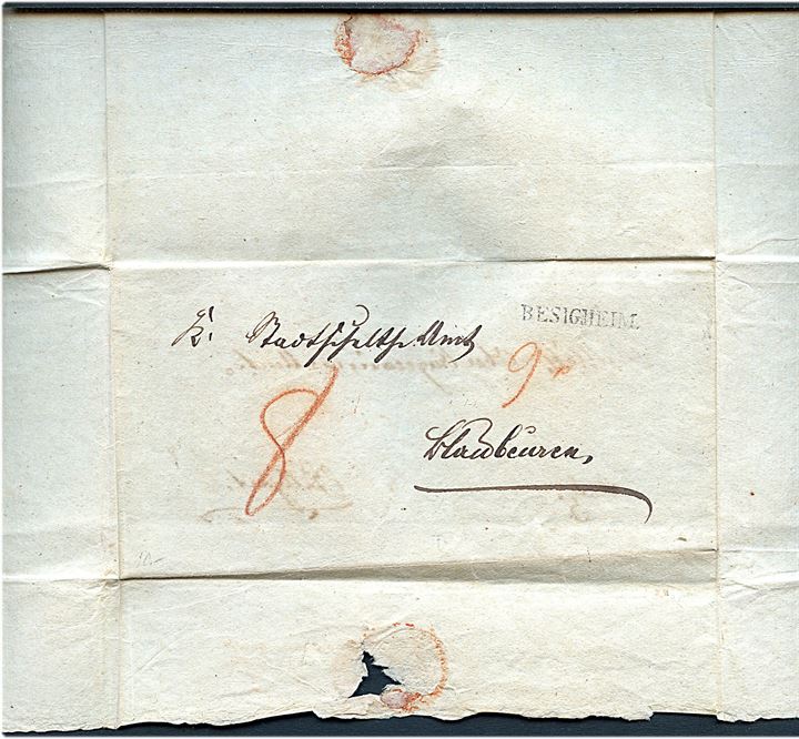 Portobrev med liniestempel BESIGHEIM til Stuttgart. Påskrevet 6 med rødkridt. Kuverten vendt og genanvenst med liniestempel BESIGHEIM.