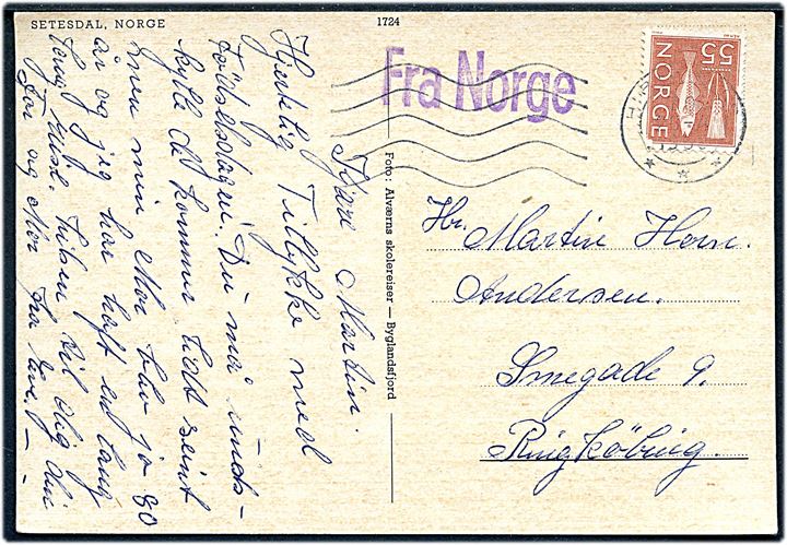 Norsk 55 øre på brevkort annulleret med dansk stempel i Hirtshals d. 26.4.1965 og sidestemplet violet Fra Norge til Ringkøbing.