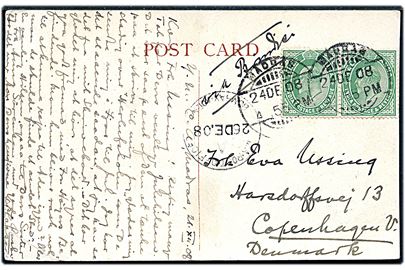 ½ anna Edward VII i parstykke på brevkort fra Madras d. 24.12.1908 via Sea Post Office A Bombay - Aden d. 26.12.1908 til København, Danmark. Skibsstemplet benyttet ombord på S/S Salsette som afgik fra Bombay d. 26.12.1908.