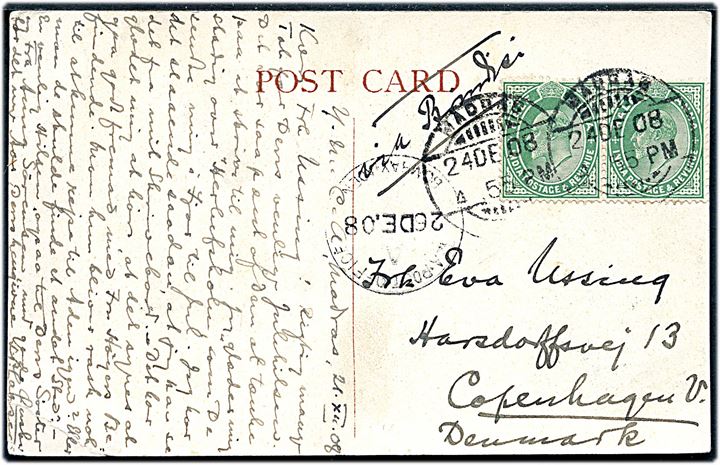 ½ anna Edward VII i parstykke på brevkort fra Madras d. 24.12.1908 via Sea Post Office A Bombay - Aden d. 26.12.1908 til København, Danmark. Skibsstemplet benyttet ombord på S/S Salsette som afgik fra Bombay d. 26.12.1908.