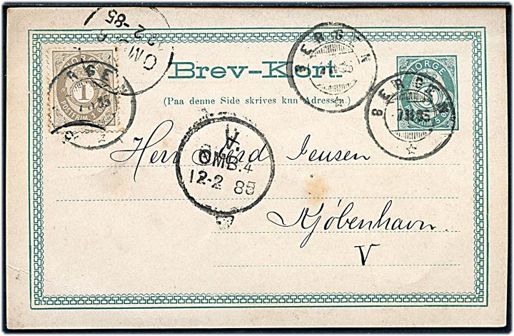 5 øre helsagsbrevkort opfrankeret med 1 øre Posthorn fra Bergen d. 7.2.1885 til København, Danmark.