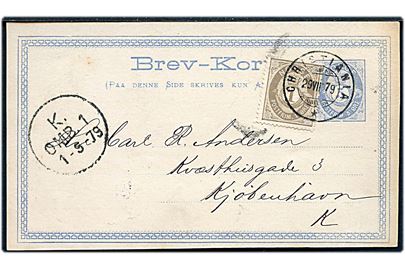 5 øre helsagsbrevkort opfrankeret med 1 øre Posthorn fra Christiania d. 29.78.1879 til Kjøbenhavn, Danmark.