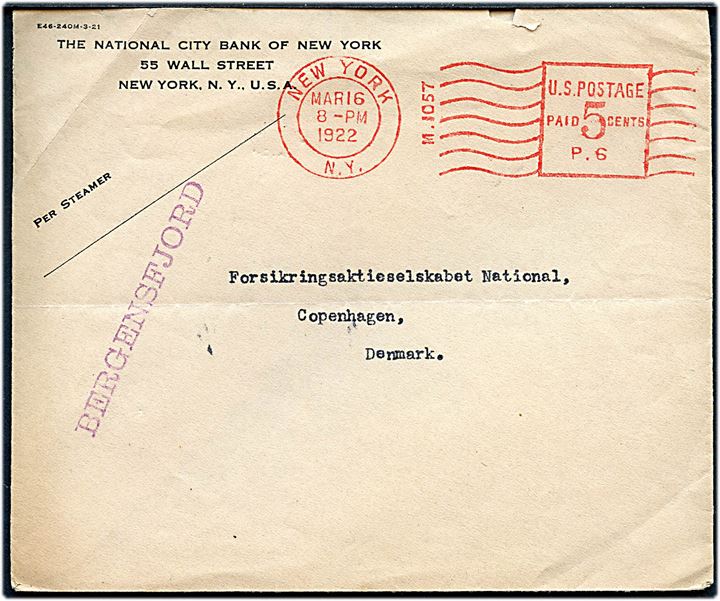 Ameriksnak 5 cents frankostemplet kuvert fra New York d. 16.3.1922 til København, Danmark. Violet liniestempel: Bergensfjord.
