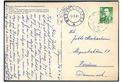 25 øre Olav på brevkort annulleret med kronet posthornstempel DYRANUT og sidestemplet med bureaustempel Bergensbanen G d. 9.9.1961 til Virum, Danmark.