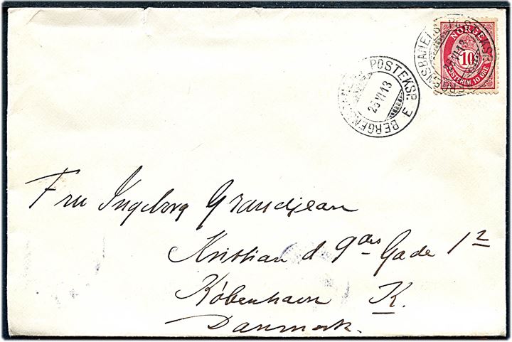 10 øre Posthorn på brev med indhold på illustreret brevpapir fra S/S Rangvald Jarl annulleret med bureaustempel Bergensbanens Posteksp. E d. 16.6.1913 til København, Danmark.