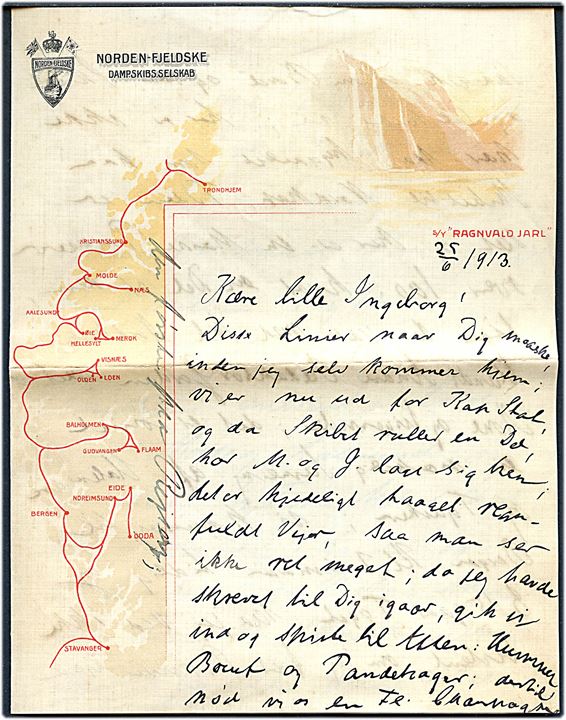 10 øre Posthorn på brev med indhold på illustreret brevpapir fra S/S Rangvald Jarl annulleret med bureaustempel Bergensbanens Posteksp. E d. 16.6.1913 til København, Danmark.