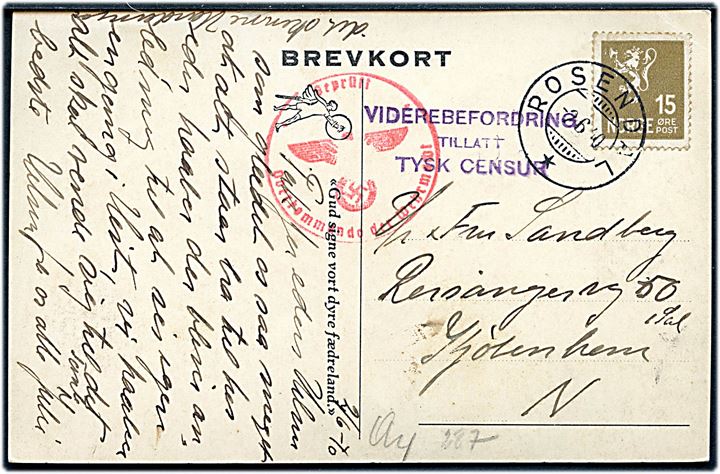 15 øre Løve på brevkort fra Rosendal d. 3.6.1940 til København, Danmark. Tidlig norsk censur Viderebefordring tillatt Tysk Censur og tysk censur fra Hamburg.