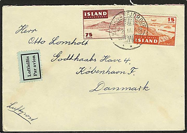 15 aur og 75 aur Luftpost på luftpostbrev fra Hafnarfjödur d. 22.3.1948 til København, Danmark.