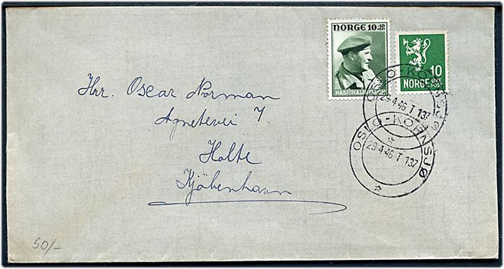 10+10 øre Kronprins Olav og 10 øre Løve på brev fra Frederikstad annulleret med bureaustempel Oslo - Kornsjø T.137 d. 29.4.1946 til Holte, Danmark.