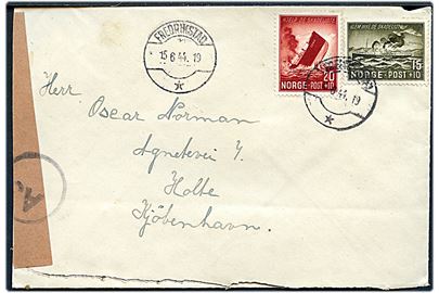 15+10 øre og 20+10 øre Skibsforlis på brev fra Frederikstad d. 15.6.1944 til Holte, Danmark. Åbnet af tysk censur i Oslo med neutral brun banderole stemplet Ao.