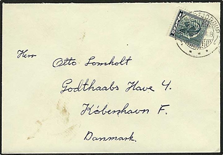 50 aur Torsk på brev fra Hafnarfjördur d. 18.3.1948 til København, Danmark.
