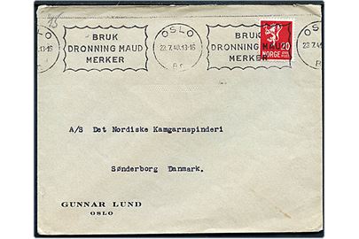 20 øre Løve på brev fra Oslo d. 23.7.1940 til Sønderborg, Danmark. Åbnet af tysk censur i Oslo med neutral brun banderole stemplet Geprüft * Deutsche Zensur * og passér stemplet ved censuren i København.