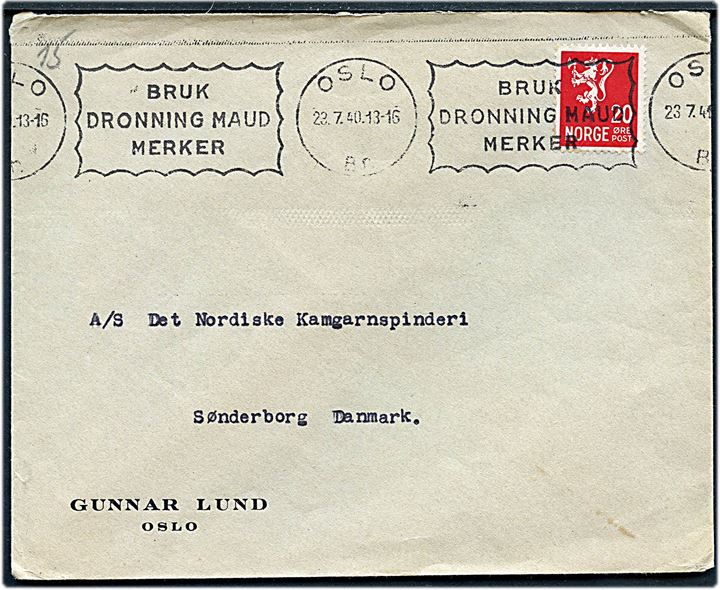 20 øre Løve på brev fra Oslo d. 23.7.1940 til Sønderborg, Danmark. Åbnet af tysk censur i Oslo med neutral brun banderole stemplet Geprüft * Deutsche Zensur * og passér stemplet ved censuren i København.