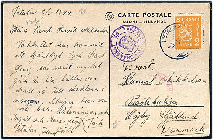 2 mk. Løve på brevkort fra Petalaks d. 3.5.1944 til Højby Sj., Danmark. Både finsk og dansk censur.