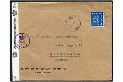 5 mk. Løve på brev fra Mäntyluoto d. 15.8.1945 til København, Danmark. Åbnet af dansk efterkrigscensur med stempel (krone)/314/Danmark.