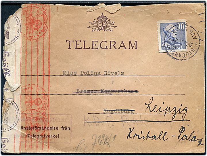30 öre Gustaf på fortrykt Telegram kuvert mærket Tjänsteförsändelse från Telegrafverket fra Stockholm d. 24.12.194? til Magdeburg, Tyskland - eftersendt til Leipzig. Åbnet af tysk censur i Berlin. Usædvanlig, men meget slidt.