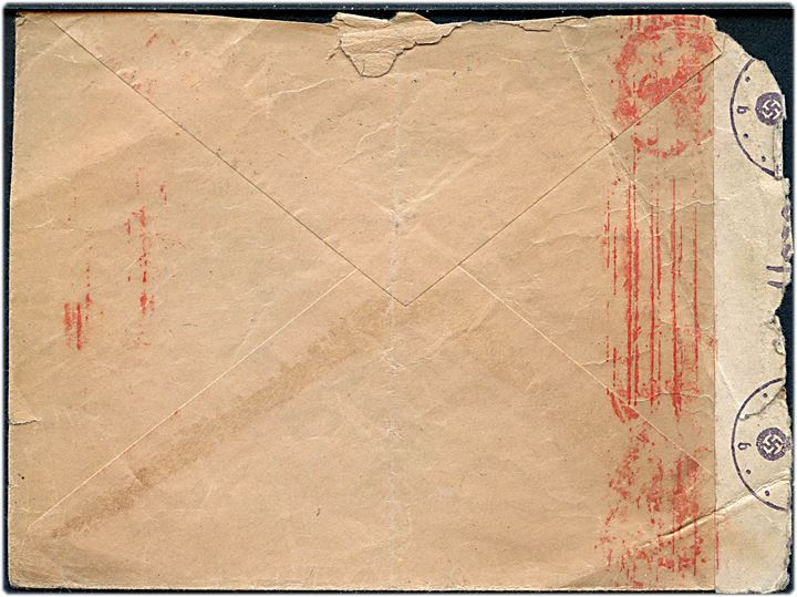 30 öre Gustaf på fortrykt Telegram kuvert mærket Tjänsteförsändelse från Telegrafverket fra Stockholm d. 24.12.194? til Magdeburg, Tyskland - eftersendt til Leipzig. Åbnet af tysk censur i Berlin. Usædvanlig, men meget slidt.