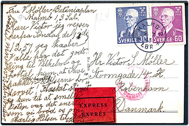 30 öre og 60 öre Gustaf 85 år på ekspres brevkort fra Malmö d. 2.7.1943 til København, Danmark. Dansk censur.