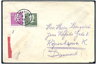 5 öre og 120 öre Montelius bå brev fra Stockholm d. 9.9.1943 til København. Åbnet af dansk censur med spor efter rød etiket vedr. særlig kontrol.
