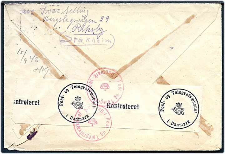 5 öre og 120 öre Montelius bå brev fra Stockholm d. 9.9.1943 til København. Åbnet af dansk censur med spor efter rød etiket vedr. særlig kontrol.