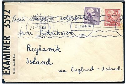 10 öre og 20 öre Gustaf på brev fra Malmö d. 3.1.1944 påskrevet via England - Island til Reykjavik, Island. Åbnet af britisk censur PC90/3592.