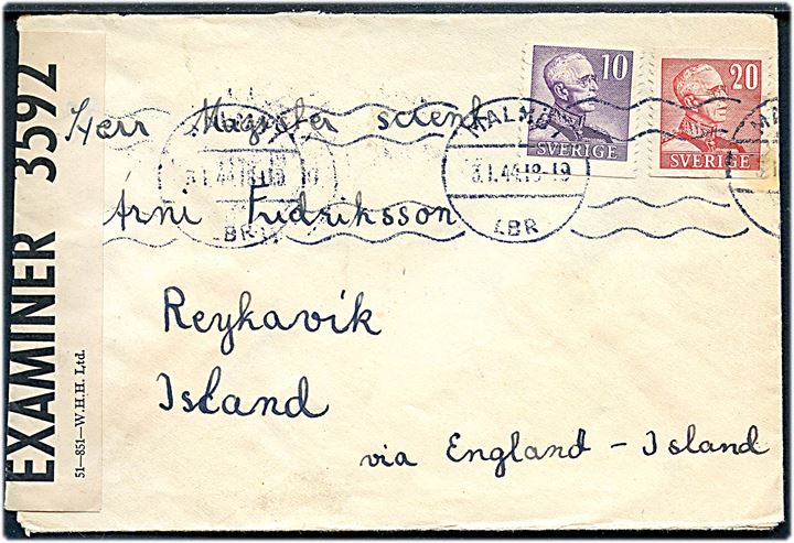 10 öre og 20 öre Gustaf på brev fra Malmö d. 3.1.1944 påskrevet via England - Island til Reykjavik, Island. Åbnet af britisk censur PC90/3592.