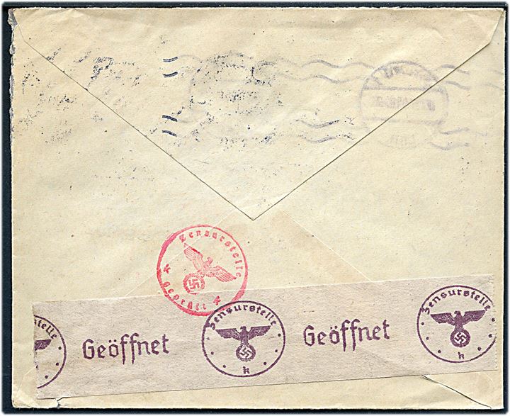 20 öre Røde Kors på brev fra Malmö d. 17.4.1945 til København, Danmark. Åbnet af Sønderborg-censuren med fortrykt April-banderole Zensurstelle k.
