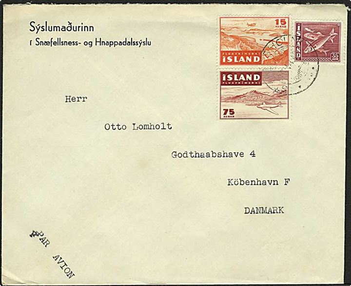 35 aur Sild, 15 aur og 75 aur Luftpost på luftpostbrev fra Stykkisholmur d. 26.3.1946 til København, Danmark.