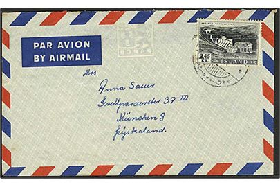2,45 kr. Kraftværk single på luftpostbrev fra Reykjavik 1957 til München, Tyskland.