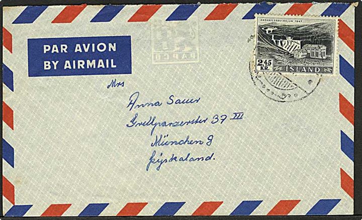 2,45 kr. Kraftværk single på luftpostbrev fra Reykjavik 1957 til München, Tyskland.