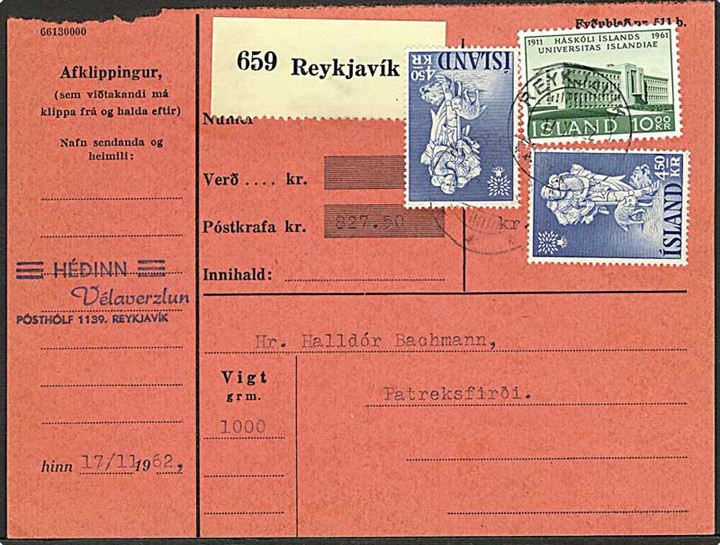 4,50 kr. Verdensflygtning (2) og 10 kr. Universitet på indenrigs adressekort fra Reykjavik d. 17.11.1962 til Patreksfjördur.