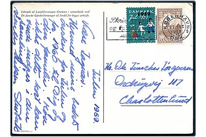 20 øre 1000 års udg. og 1959/1953 Julemærke provisorium på brevkort fra København d. 22.12.1959 til Charlottenlund.